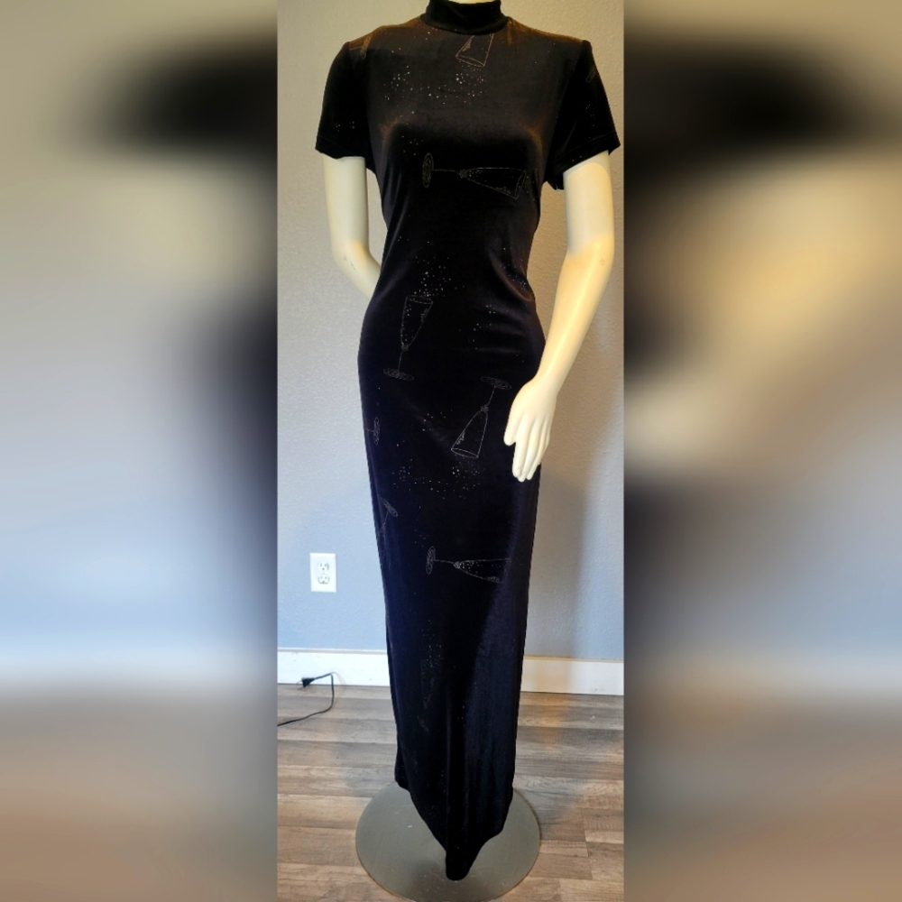 VTG 90s Jessica Howard Velvet Maxi Dress Black Sparkle Details Wine  Size 10